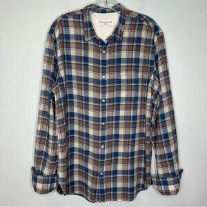 Officine Generale Men’s Blue Taupe Plaid Check Buttoned Down Shirt Size L